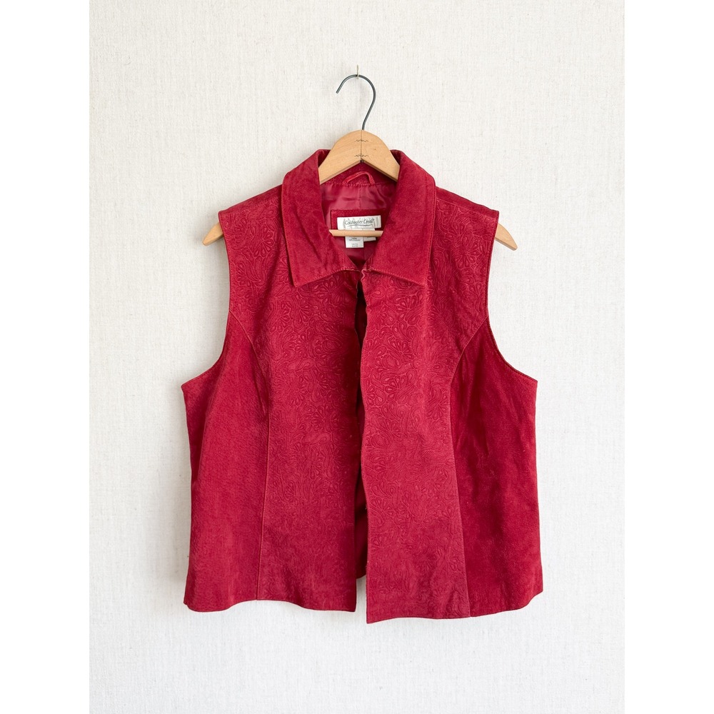 Boho Western Coldwater Creek Embossed Suede Leather Vest XL Red Paisley Floral